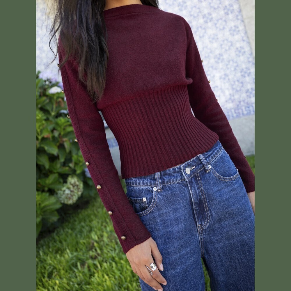 Burgundy Studded Sleeve High Ribbed Knit Slim Fit Sweater